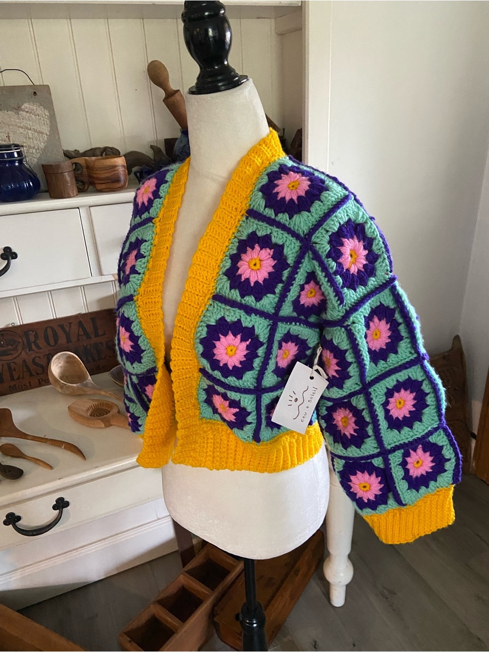 Handmade Purple & Yellow Crochet Flower Cardigan Sweater